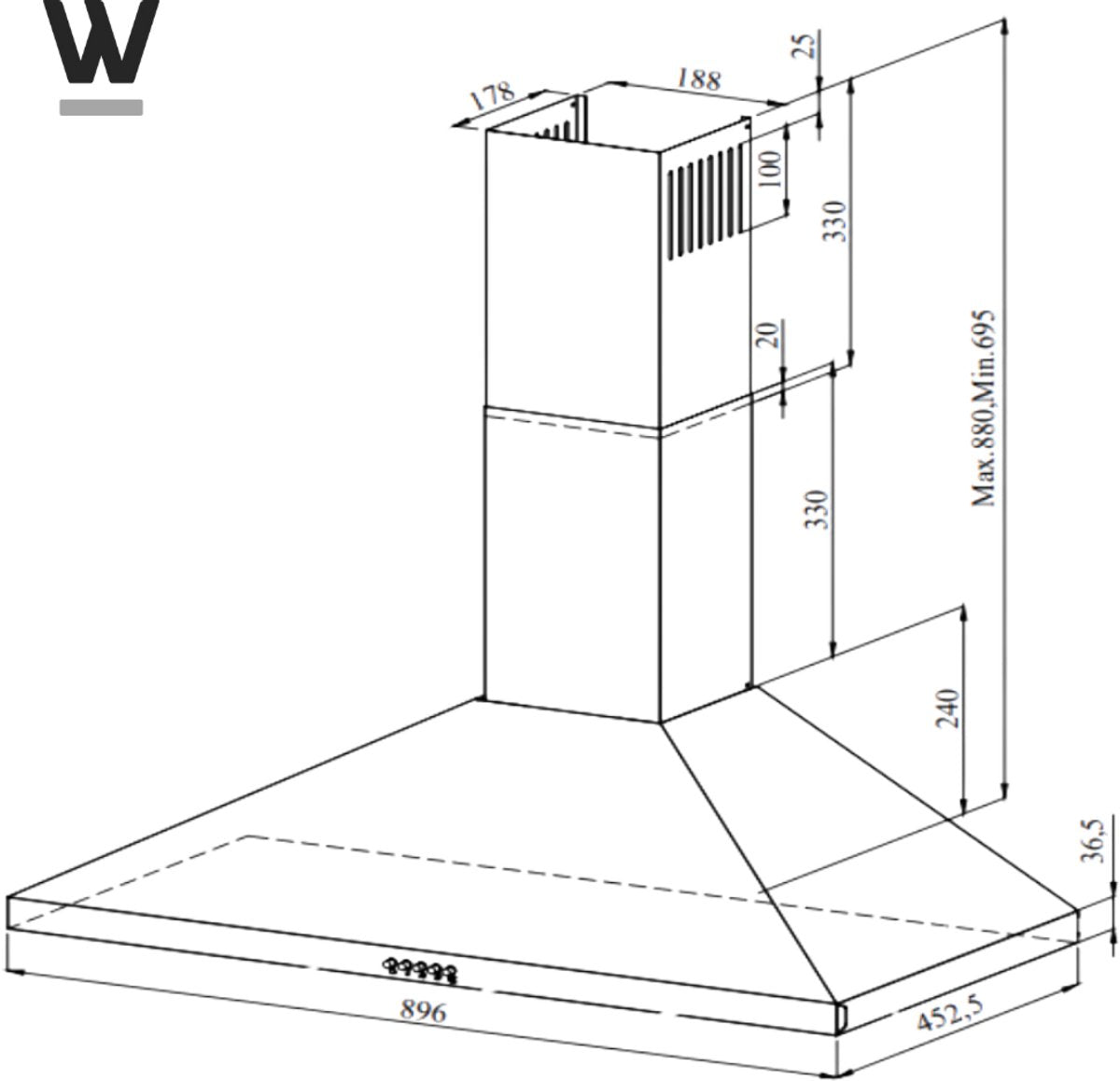 Wiggo WE-A930P(X) Wandschouw Afzuigkap - 90 cm - Roestvrijstaal